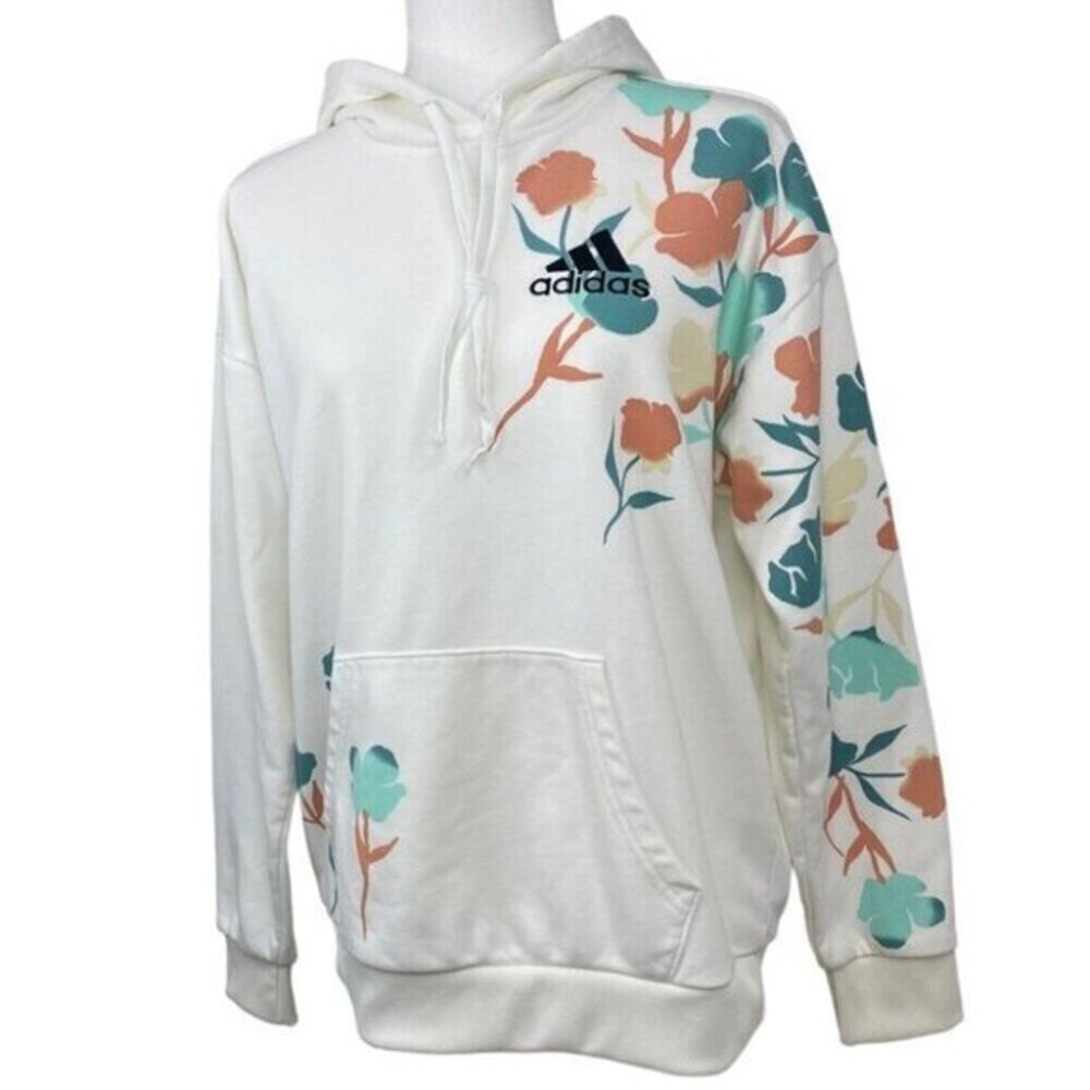 Adidas Primegreen Womens Floral Graphic Hoodie White Pullover‎ Sweatshirt Small